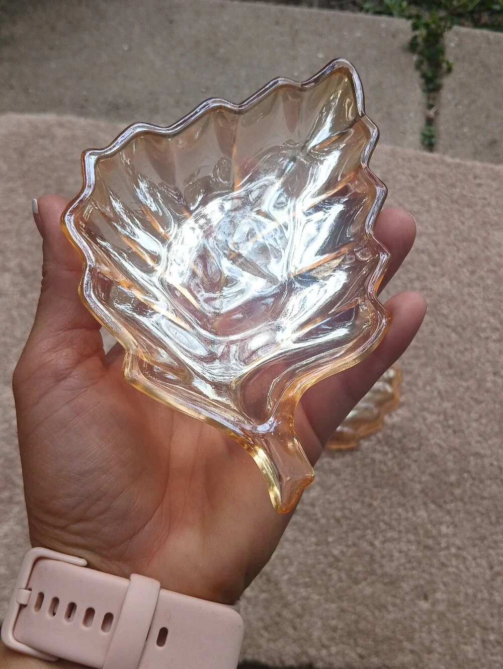 Set Of Two,, Vintage Jeanette Iridescent Marigold Carnival Glass Leaf Shape Dish